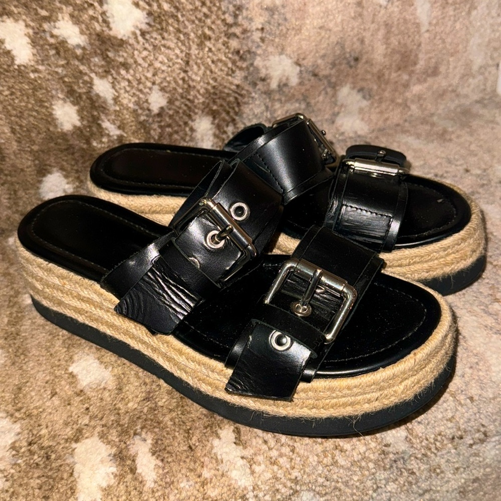 Zara Platform Double Buckle Espadrille Sandal Black Natural Cream EU 38